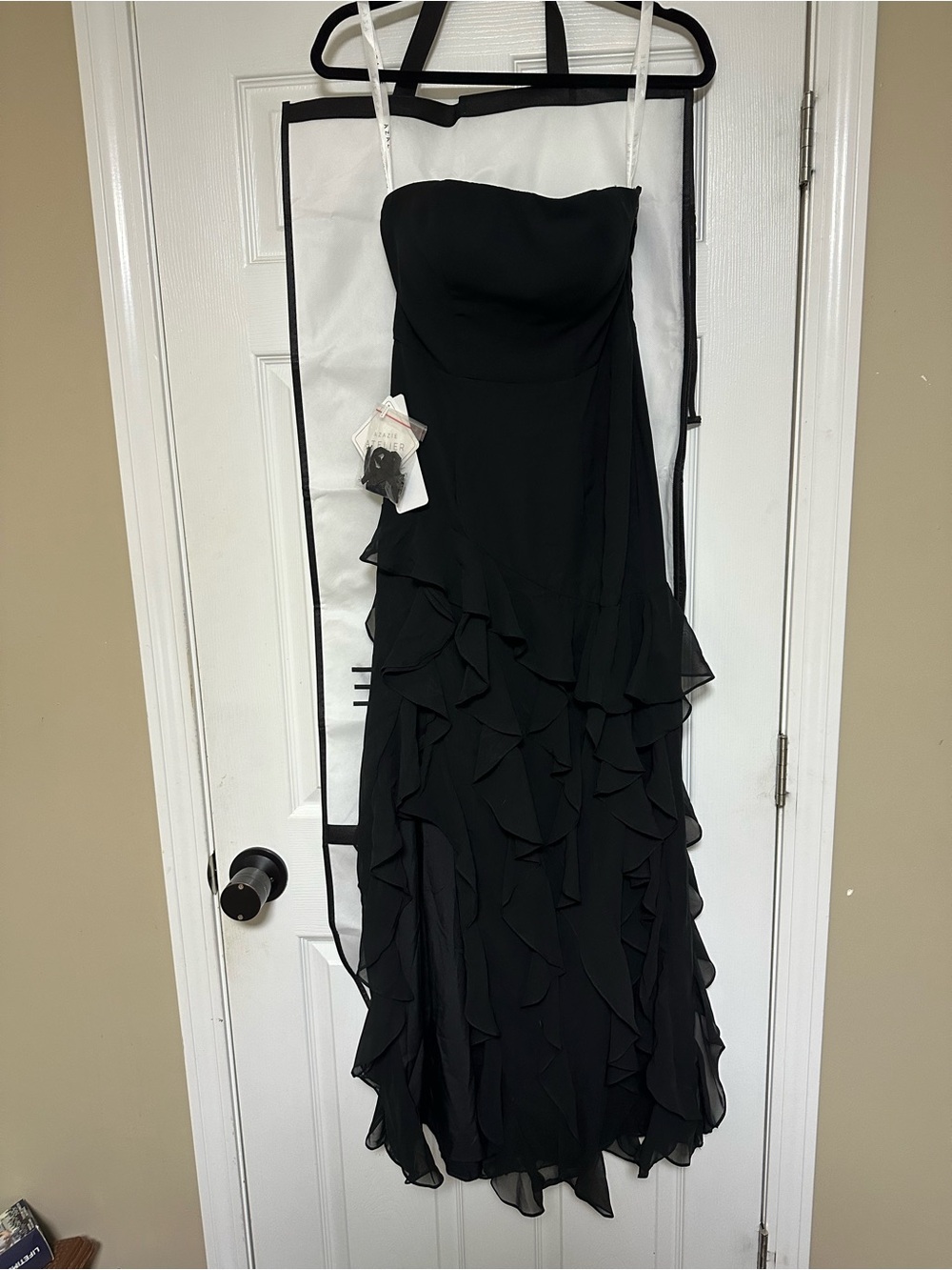 Azazie Black Strapless Ruffle Chiffon Gown